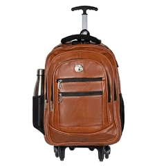 Imagem do Mochila Carrinho Rodinha Couro Unissex Executiva Antifurto Notebook 25 Litros Entrada USB Marrom Claro