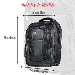 Mochila Executiva Masculina Couro Notebook Encaixe USB 25 Litros Preta Black - Velkro Shop