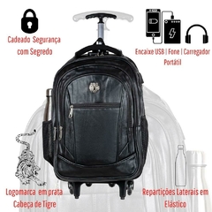 Mochila Executiva Rodinha Carrinho Couro Unissex Antifurto Notebook 50 Litros Entrada USB Preta - comprar online