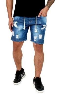 Bermuda Jeans Destroyed Rasgada C/Cordão Azul Escuro (Masculina)