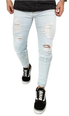 Calça Jeans Skinny Destroyed Rasgada Premium C/Lycra Azul Claro (Masculina)