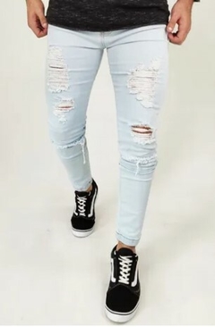 Calça Jeans Skinny Destroyed Rasgada Premium C/Lycra Azul Claro (Masculina) - comprar online