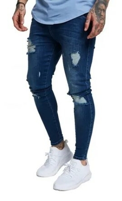 Calça Jeans Skinny Destroyed Rasgada Premium C/Lycra Azul Escuro (Masculina)