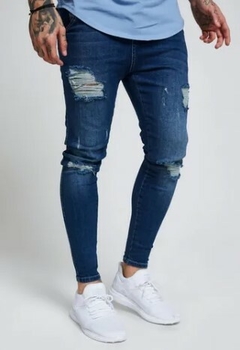 Calça Jeans Skinny Destroyed Rasgada Premium C/Lycra Azul Escuro (Masculina) na internet