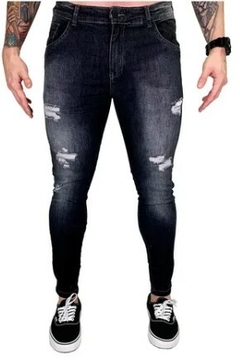 Calça Jeans Skinny Destroyed Rasgada Premium C/Lycra Cinza Escuro (Masculina)
