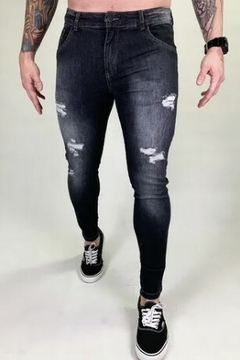 Calça Jeans Skinny Destroyed Rasgada Premium C/Lycra Cinza Escuro (Masculina) - comprar online