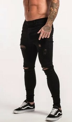 Calça Jeans Skinny Destroyed Rasgada Premium C/Lycra Preta (Masculina) - comprar online