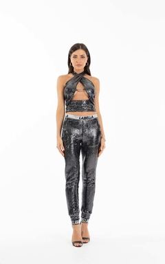Calça Eye Pants Black and Glossy LaBellaMafia - Preto C/Prata Brilhante (Feminino) - loja online