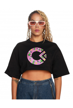 Cropped Oversized Crazy Aliens No Age - Preto (Feminino)