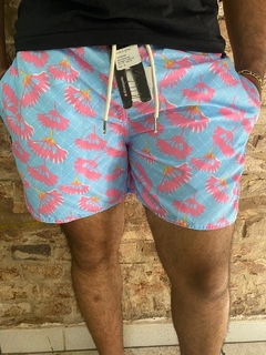 Shorts Moda Praia Level's Jeans - Sunset Turquesa C/Rosa
