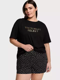 Pijama Remera Shorts Negro Logo Plateado Short Corazones Linea Signature S M Victoria's Secret