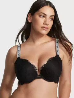 Corpiño Push-up Encaje Negro Logo Strasses 34C Victoria's Secret