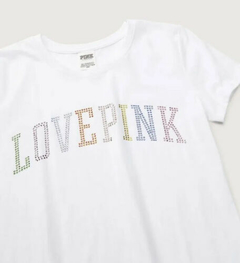 Remera Blanca Logo LOVE PINK Strasses S Victorias Secret