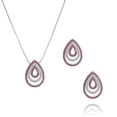 Conjunto Gota Cravejada Pink Prateado com Banho de Ródio e Zircônia Cúbica