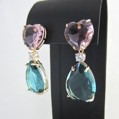 Brinco Zircônia Coração com Gota Rosa e Verde. - comprar online