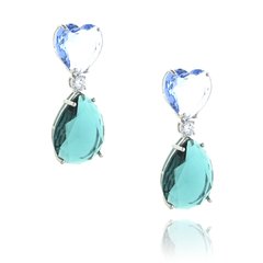 Brinco Zircônia Coração com Gota Azul e Verde.