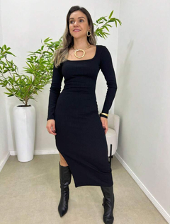 Vestido Midi Canelado - Preto - comprar online