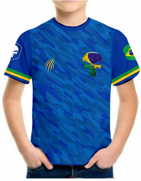 Camiseta Camuflada Brasil Meninos Infantil Blusa Exercito Az