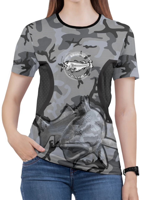 Camiseta Pesca UV50 Feminina Plus Size Manga Curta Camuflado