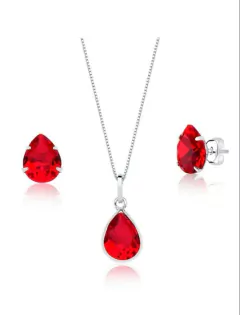 Kit colar e brincos cristal gota vermelho na prata legítima