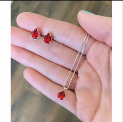 Kit colar e brincos cristal gota vermelho na prata legítima - comprar online