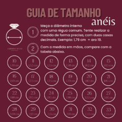 Guia de tamanho de anéis com diâmetros internos em centímetros para diferentes números de aro, instruções para medir o diâmetro interno com régua