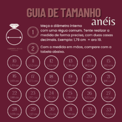 Guia de tamanho para anéis com medidas em centímetros e instruções de como medir o diâmetro interno.