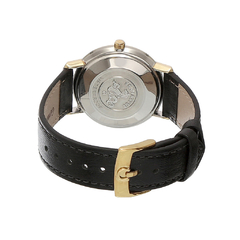 Relógio Omega Seamaster De Ville com mostrador prateado e pulseira de couro preta, visto de trás.