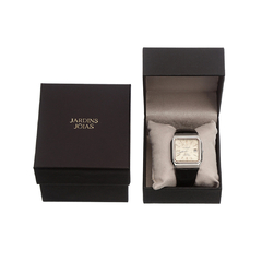 Relógio Omega Constellation Vintage com pulseira preta, dentro de estojo preto acolchoado