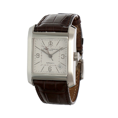 Relógio Baume & Mercier Hampton Dual Time com mostrador prateado e pulseira de couro marrom.