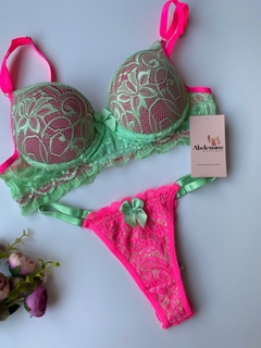 Conjunto Lingerie Isabela - Paradise com Rosa Neon