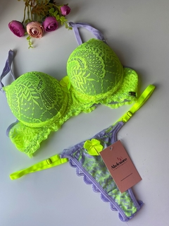 Conjunto Lingerie Isabela - Amarelo Neon com Lavanda