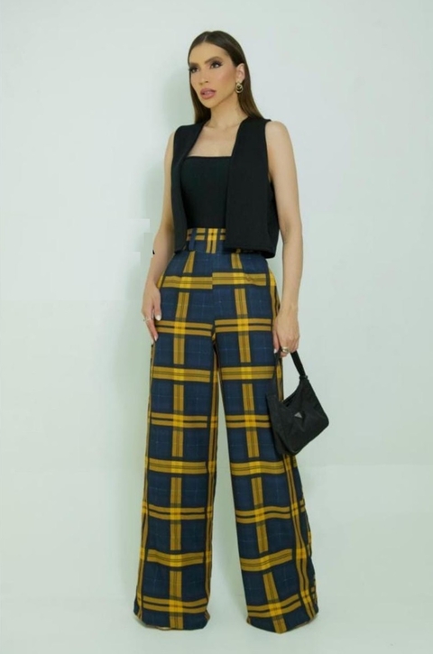 3826 CALÇA VICENCIA JADE XADREX MOSTARDA