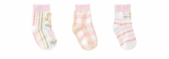 0300617-0061703 KIT MEIA COLORIDA C/3 PARES FEM PIMPOLHO BRANCA FLORES/ROSA XADREZ/ROSA LISTRAS