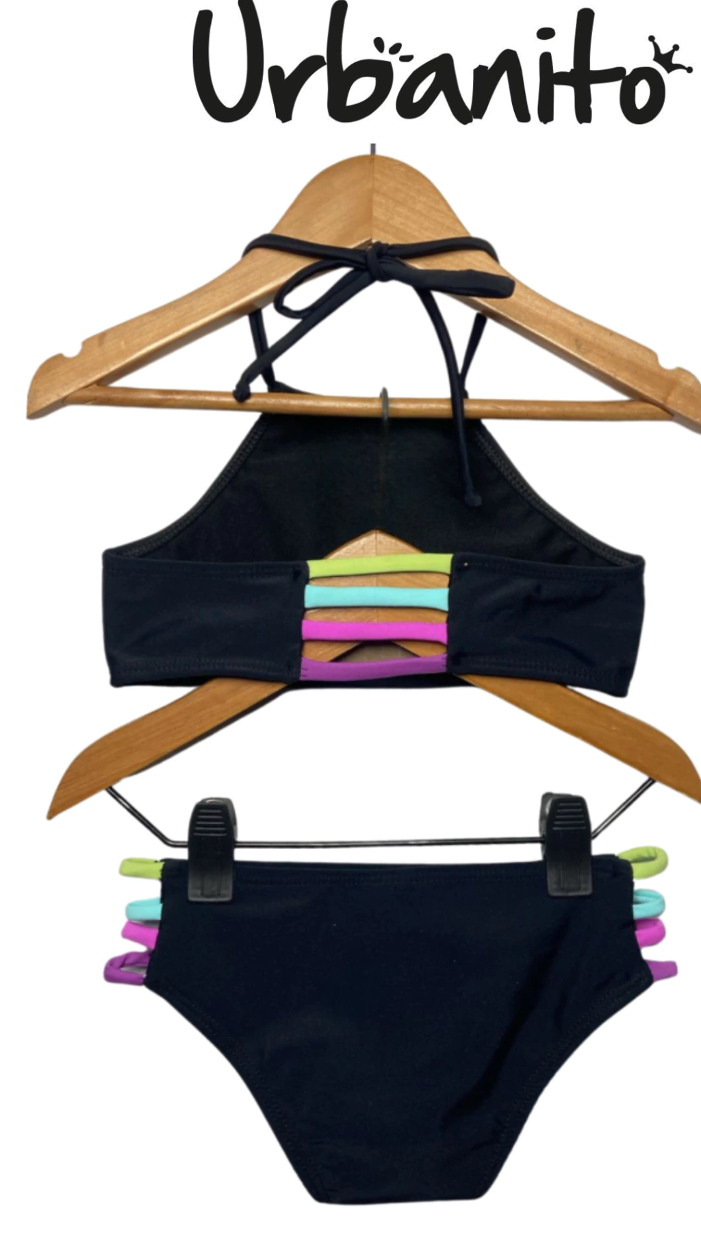 BIKINI NEGRA CON TIRAS DE COLORES 2 PIEZAS