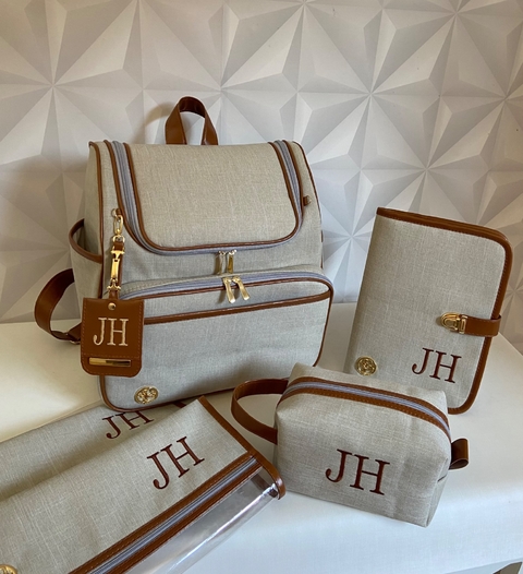 Mochila maternidade 2 em 1 Grande Linho Cru com detalhes Marrom- Kit