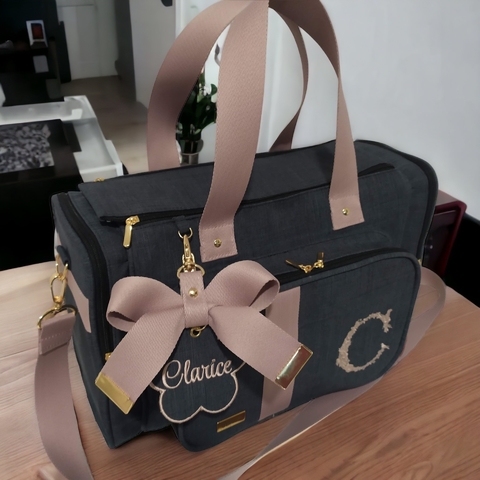 Mala Maternidade de mão Linho preto -rosê