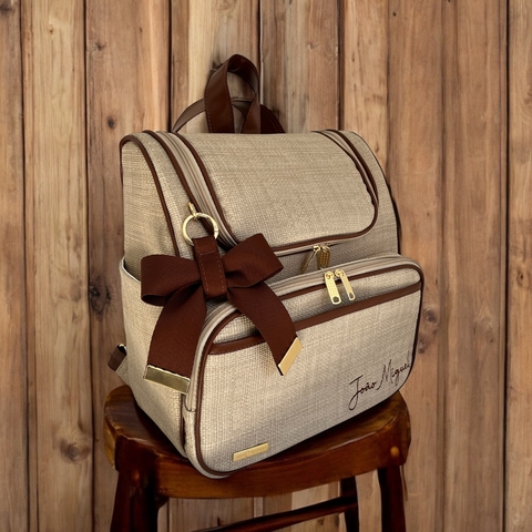 Mochila 2 em 1 G para a maternidade Linho emborrachado com marrom