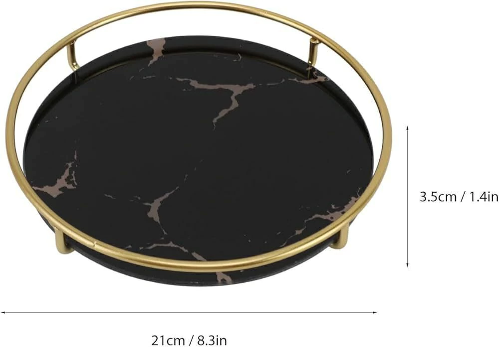 Bandeja Decorativa Redonda Mármol Negro y Dorado – 21 cm