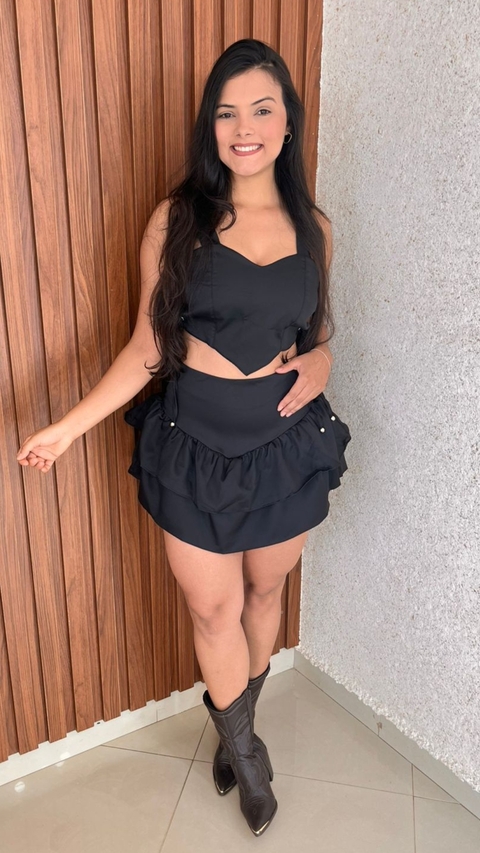 Conjunto Saia Plissada Cropped De Alça Com Amarração Lateral Crisconf