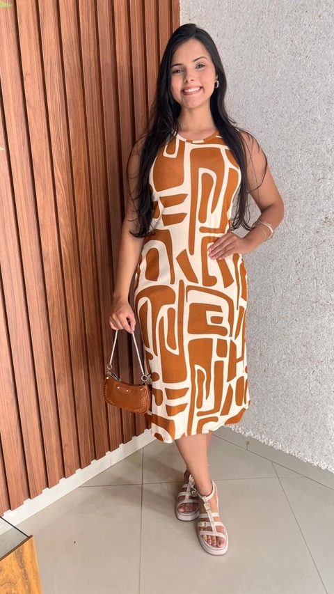 Vestido Midi Crepe Estampado Gola Redonda Crisconf