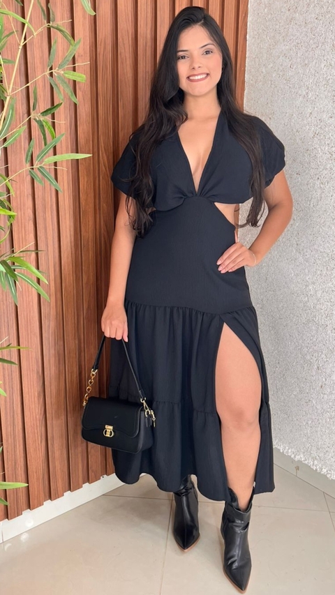 Vestido Longo Tecido Duna Manga Curta Abertura Nas Costa Crisconf