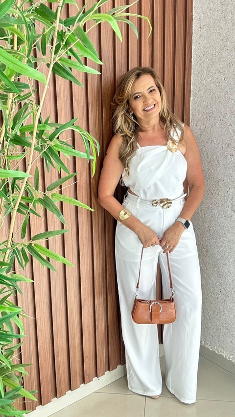 Conjunto Calça Pantalona Com Cinto Cropped Elegante Crisconf