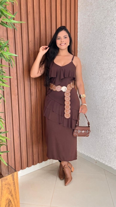 Vestido Longo De Alça Regulavel Com Babado Crisconf