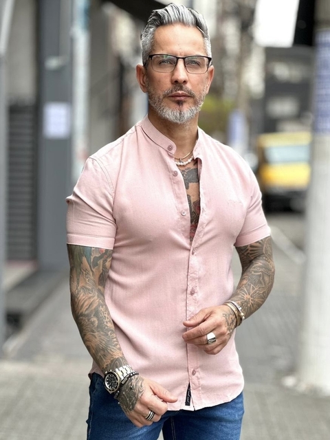 CAMISA VISCO LINHO GOLA PADRE M/C - ROSA