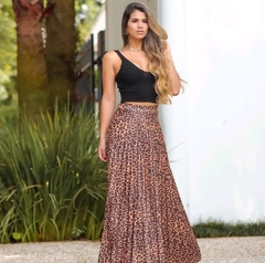 Saia longa plissada animal print na internet