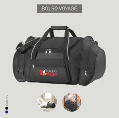 Bolso Voyage negro con varios compartimentos y logo de Tulogo Aqui, ideal para uso en oficina.