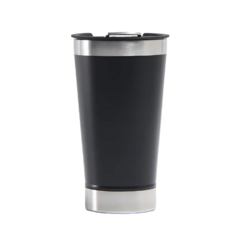 Vaso térmico cervecero de color negro con detalle en acero inoxidable y grabado láser.
