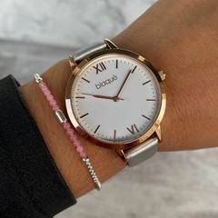 Reloj Blaquè BQ213PD malla de Cuero Plateada borde Dorado para dama