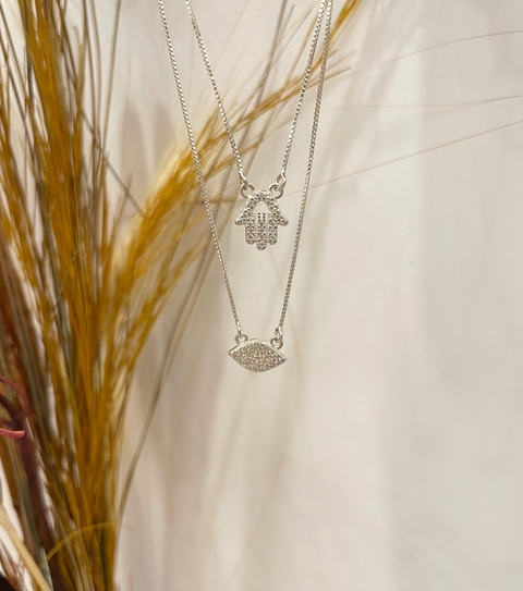 ESCAPULÁRIO MÃO HAMSÁ E OLHO GREGO ZIRCÔNIAS- 925